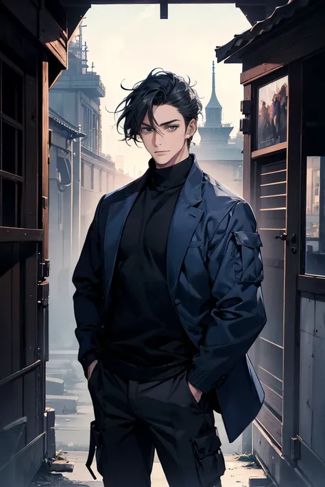 (Best picture quality, High res, Very high res), abstract, masculine, dark blue hair, 30 years old, dark blue eyes, jacket, sweater, cargo pants, dark blue gaze, calm, quiet, gentle smile, observatory, with wolf, dawn