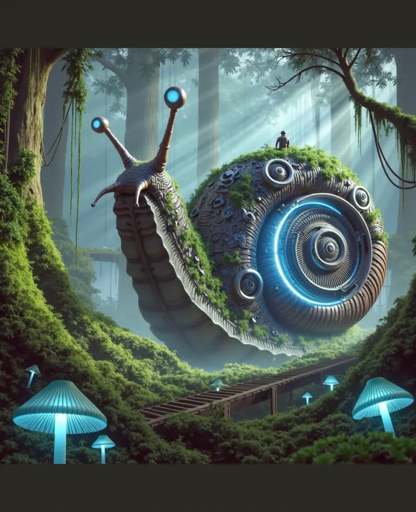 Surreal version of a giant snail with a biomechanical shell, set in the forest. Forest strawberries add color to the environment