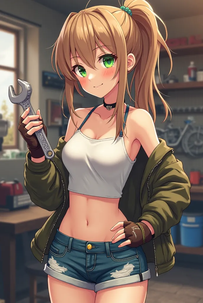 Create an anime women with a waifu-like appearance, aged 18. She has light brown hair tied in a messy ponytail, with loose strands framing her face. Her eyes are bright emerald green, large, and expressive, with long lashes. She has a slender but athletic ...