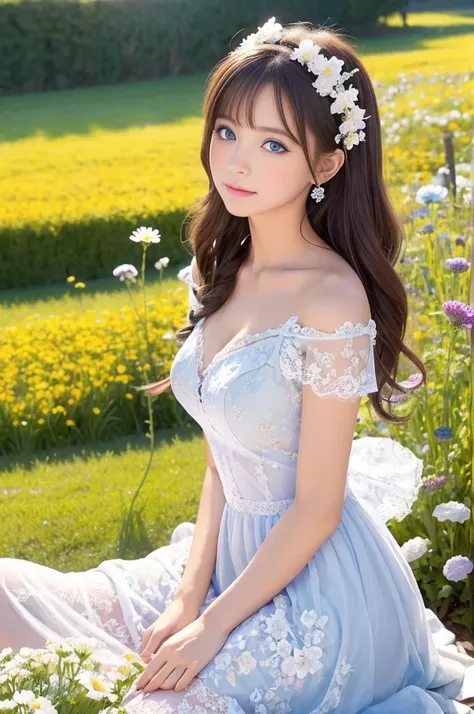 "An surreal girl is sitting in a vast flower field. She is holding a colorful bouquet of flowers, and in the background there is a blue sky with white clouds. Butterflies are fluttering in the sky, and sparkling light particles are floating in the air. The...