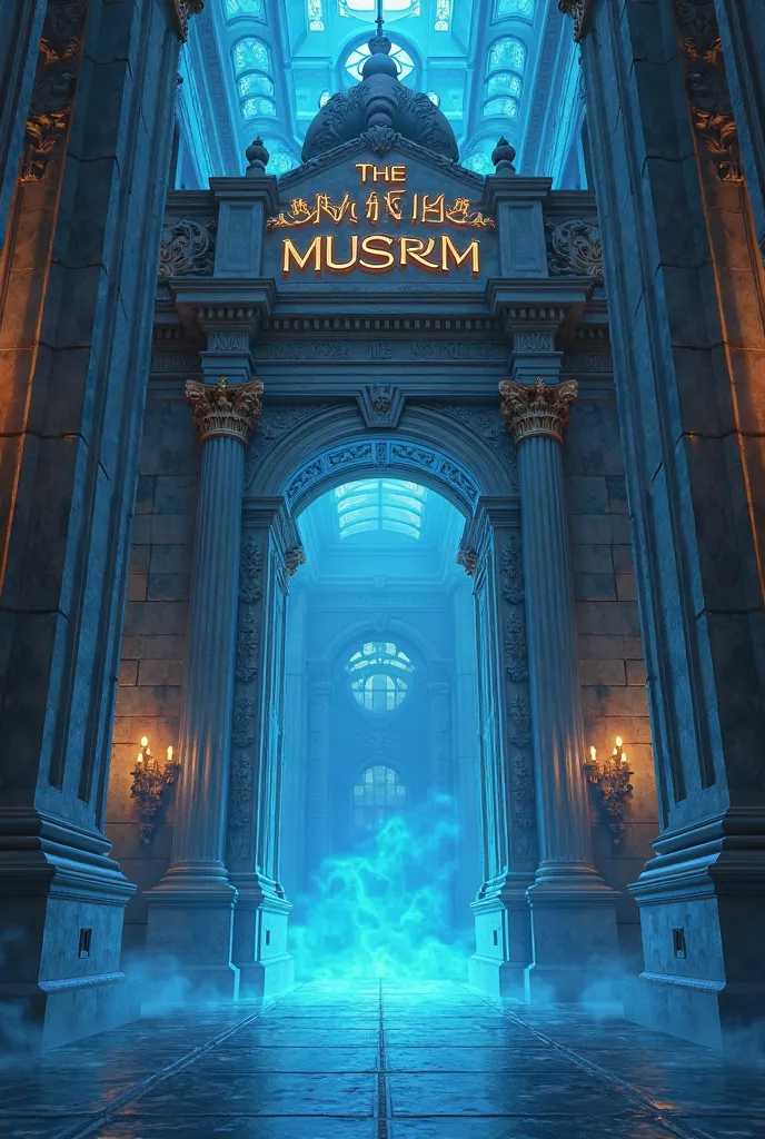 Gate of Knowledge.The majestic entrance to the British Museum, surrounded by a mystical blue aura, with golden signs, that light up on the stone walls.