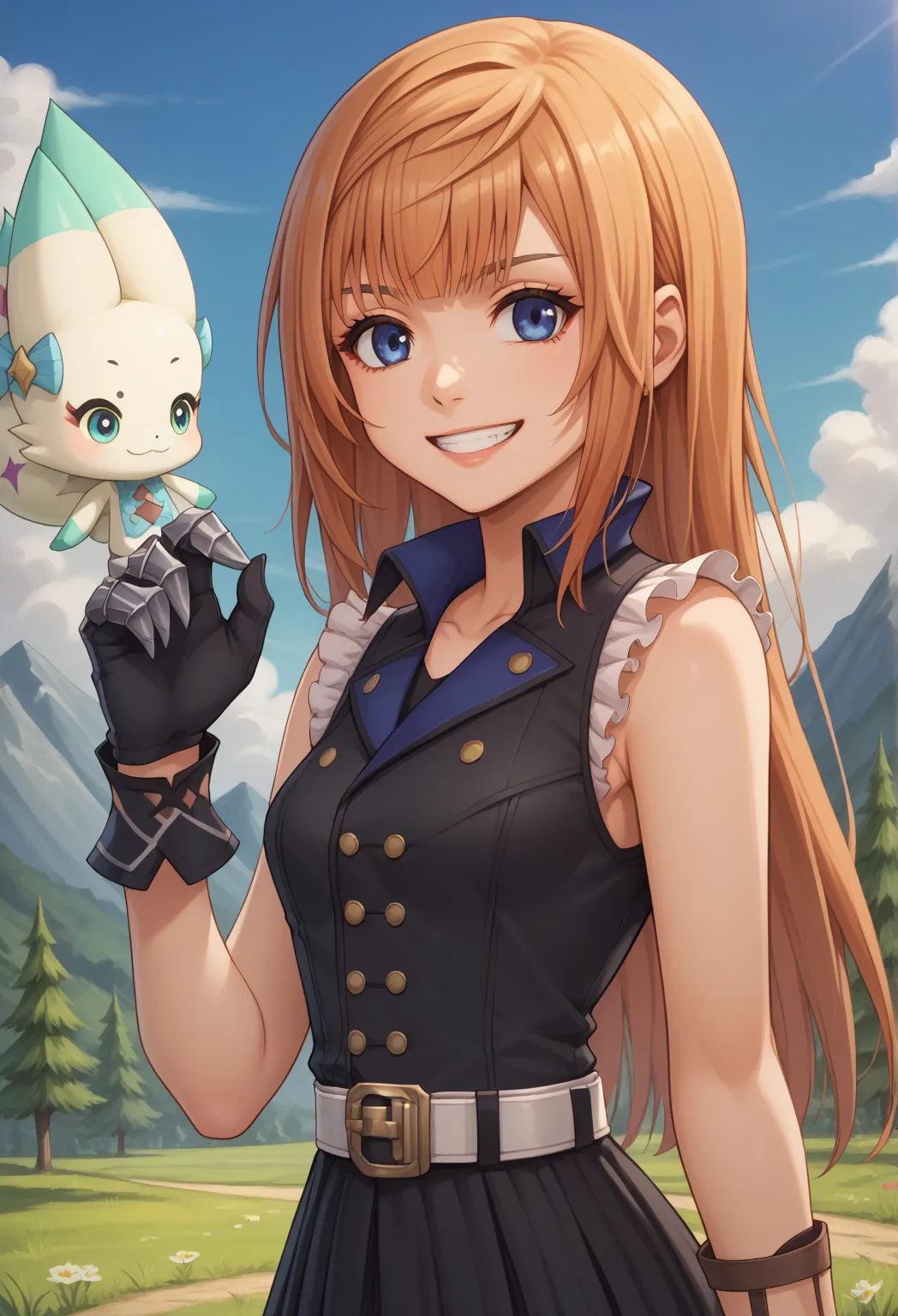 score_9, score_8_up, score_7_up, source_anime, highly detailed, 
reynn, 1girl, solo, long hair, sleeveless, blue eyes, frills, orange hair, standing, shirt, belt, glove, glove at right hand, hand up, smile, skirt, upper body,
single glove, claw glove, glov...