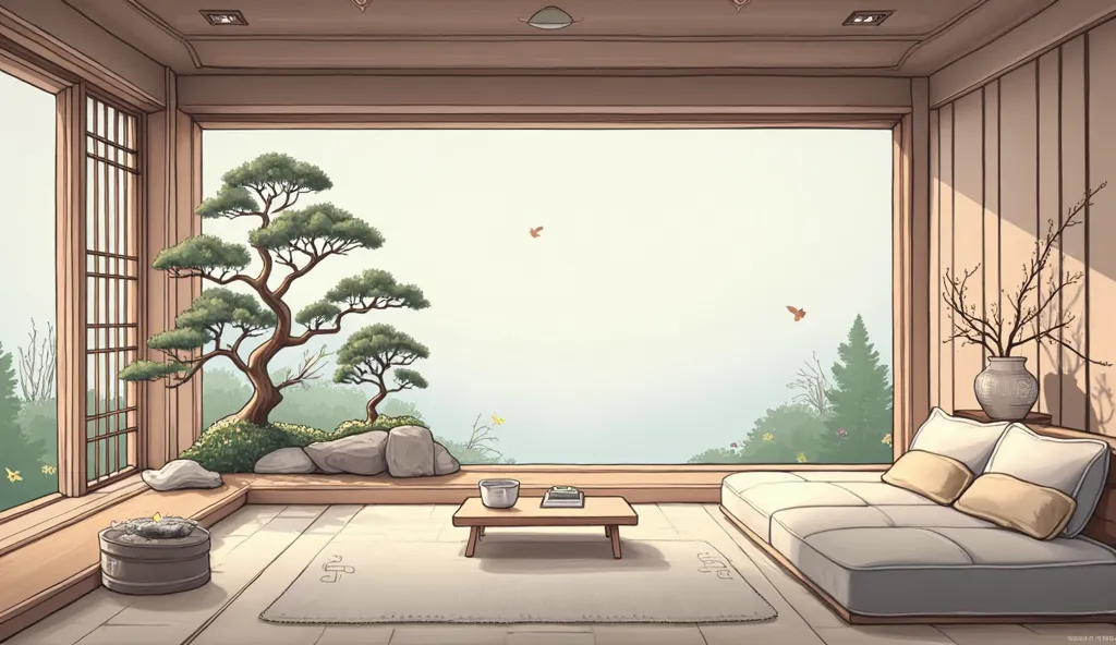 illustration in soft colors predominating , minimalism of a Japanese style living room with window to see the minimalist Japanese garden with bonsai trees, the stage evokes energy and elegance