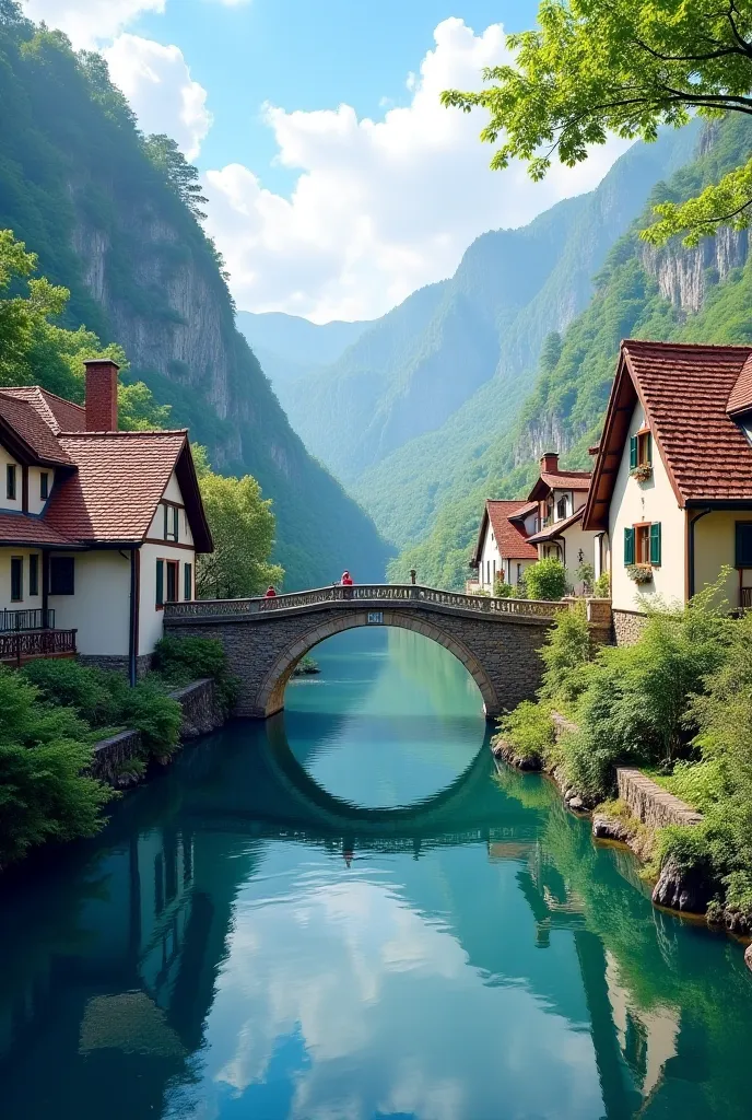 A bridge with water and down on a brdge houses