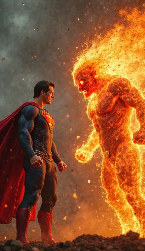 Create a high-quality 4K image depicting Superman and a raging fire in an intense standoff, both in an angry and confrontational mode. Superman, with his muscular physique, glowing red eyes, and clenched fists, is radiating power and fury. Opposite him, th...