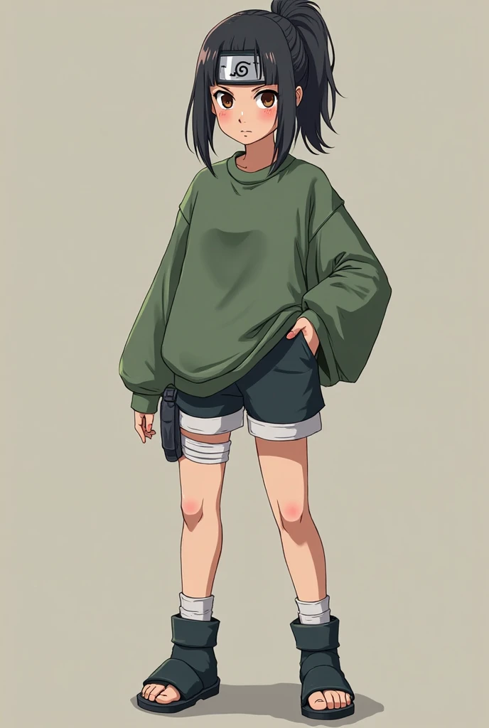 A 19-year-old full-bodied woman, hair tied, with a long fringe, Black hair, brown eyes, Look a little lazy, wide green shoulder to shoulder shirt, um short, a pair of tight pants under the shorts, Naruto ninja shoes. Naruto Shippuden-style anime. Do it wit...