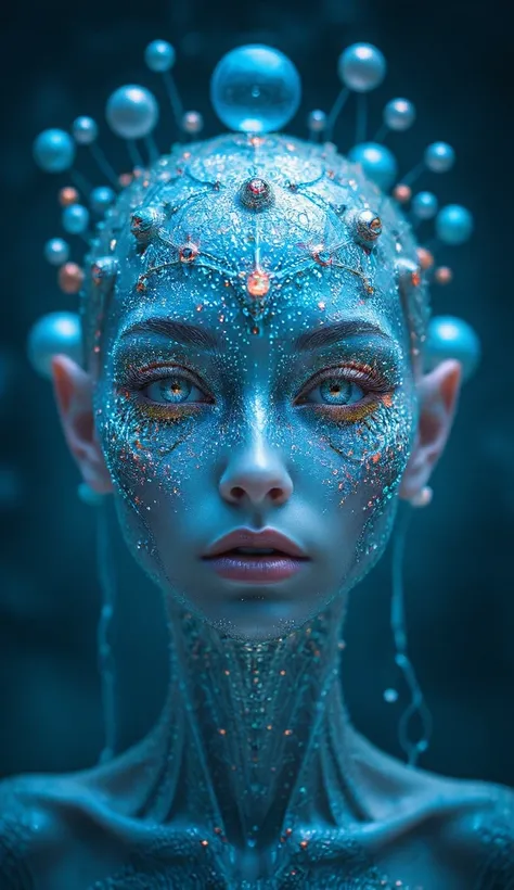 A breathtaking alien oracle with a crystalline, semi-transparent face that shimmers like liquid glass. Her features are symmetrical yet surreal, with softly glowing constellations embedded in her skin. Her large, faceted eyes shift colors like a cosmic neb...