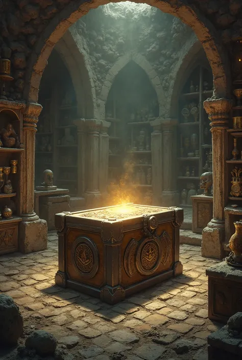 A dark, dusty room full of mysterious artifacts. In the middle is a sealed box with old characters,  that is a weak ,  emits golden light . Forbidden Chamber of Treasures