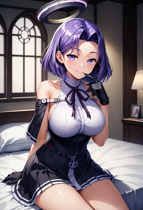 Ryuda Muji, tatsutakaini (kantai collection), score_9, score_8_up, score_7_up, score_6_up,  source_anime, masterpiece, best quality,  official art, official style,  game cg, megami magazine, rating_safe, rating_questionable, purple hair,  halo,  short hair...