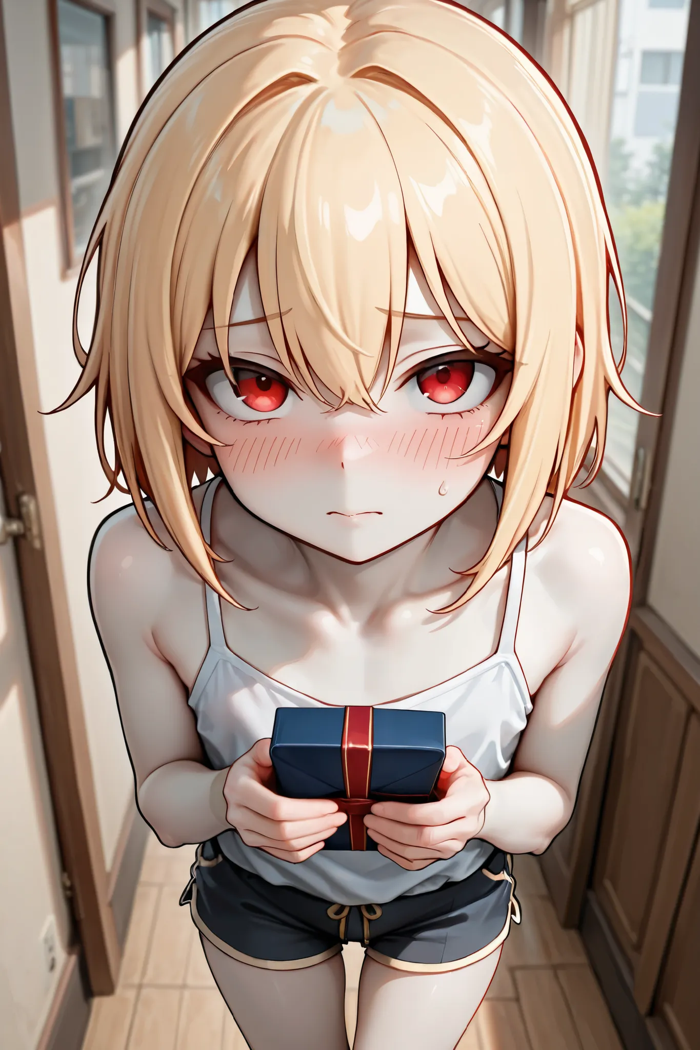 Anime style, 1boy, caucasian with pale skin and a slim and effeminate body, short stature, petite frame. Has cute red eyes, blonde ruffled hair. Wearing tank top and shorts. (Shy, embarassed). Apartment hallway, day. Looking up at viewer, holding a present...