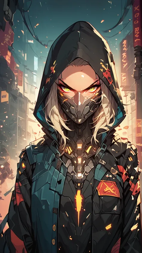 Mysterious cyberpunk character, dressed in a dark hoodie with a hood, face covering . The hood has a bright neon sign 'X',  that glows in the dark . Japanese characters on the hoodie's sleeve. The background is dynamic and dramatic: yellow fire explosions ...