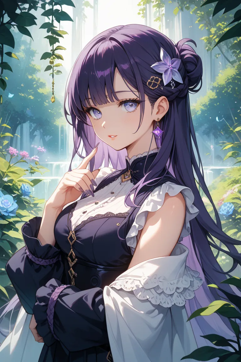 High school girl、Nails are purple、Long nails、Clothes are mass-produced、eyes are light purple and light blue、My hair is long、hair colors are dark purple、Put a hair ornament on your hair