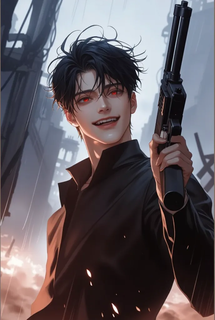 bad，  black hair카락， Desolate Atmosphere，   Korean Comic Style   ，  depressing， young, good condition ，  very handsome  脸瓜子脸， wet hairstyle   ， Japanese male, black hair, Attractive red eyes   ，   very handsome  ,   Enquiry,  with raised eyes , smile,  dyna...