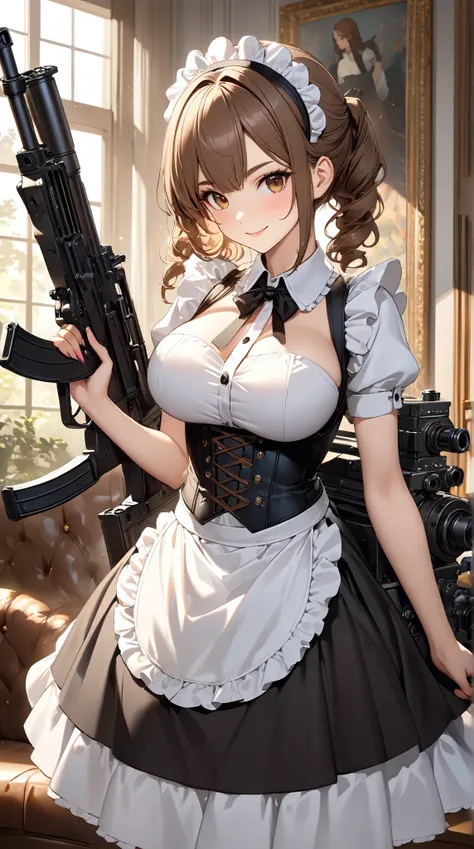 ((  top quality)),(  ultra high resolution),(  very detailed),(  Detailed Explanation ),((  best CG  )),(  BEST ARTWORK  ), Ultra-precise art,  Amazing Painting Art,(Exquisite art:1.5),a Maid girl, 18 years old,((she has a big machine gun in her both hands...