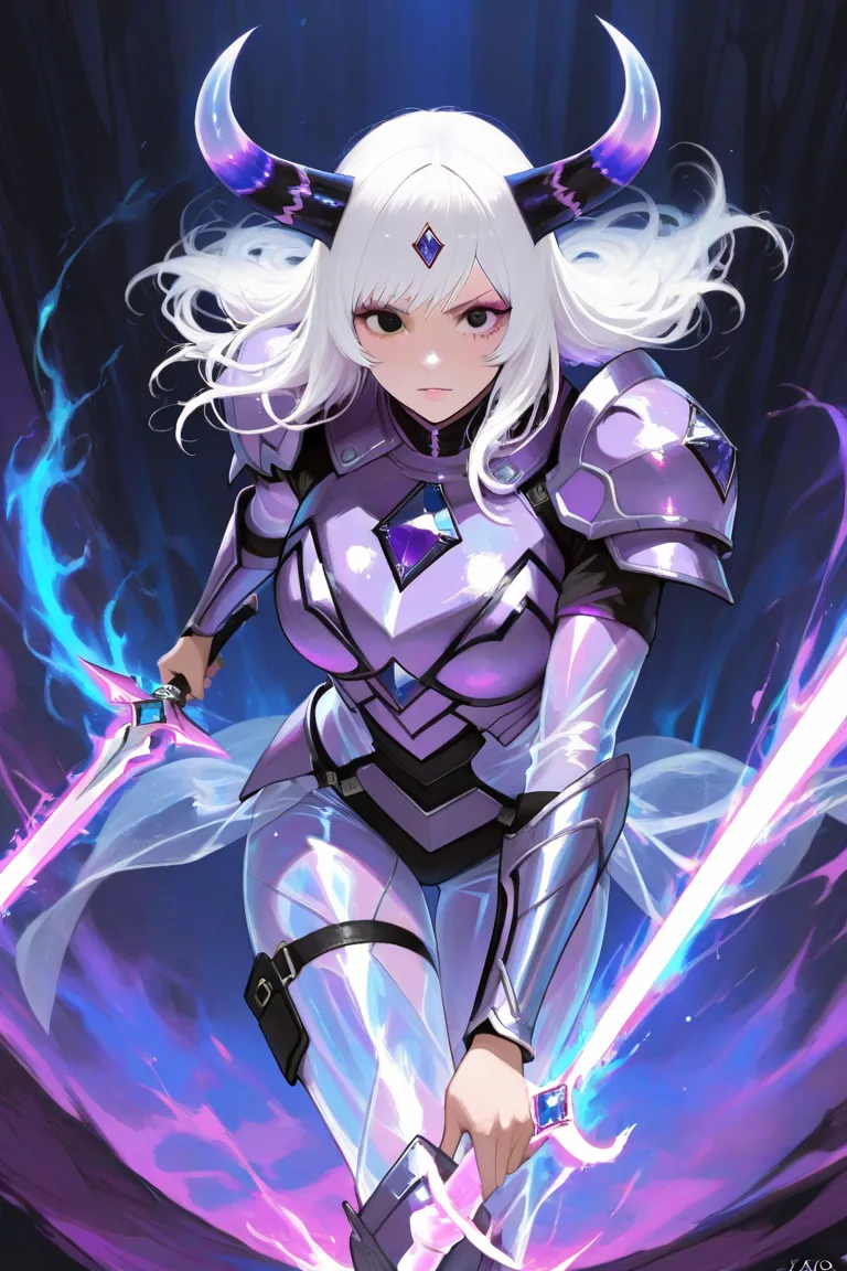 masterpiece,1 woman,Beautiful fingers, short white hair ,black eye and purple diamond eye upil, light armor and a blue transparent suit, blue Magic Aura,purple Magic,attack sword magic to put 1 hand forward,Use, purple color horn,  kaos biru armor, and thi...