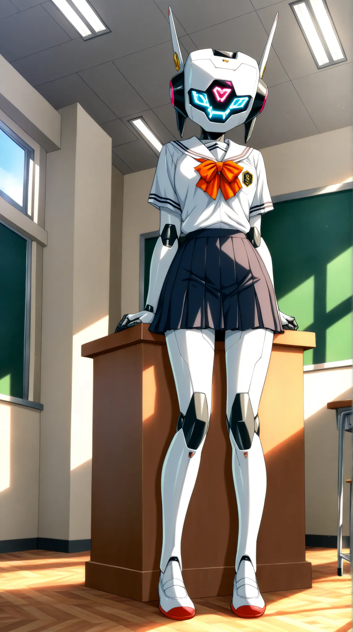 One robot like Mechazawa, solo, (school uniform, robot), (inside classroom, introducing new students, standing in front of the podium), full body image, (incredible high resolution, masterpiece, best quality, highly detailed, CG, high quality anime drawing...