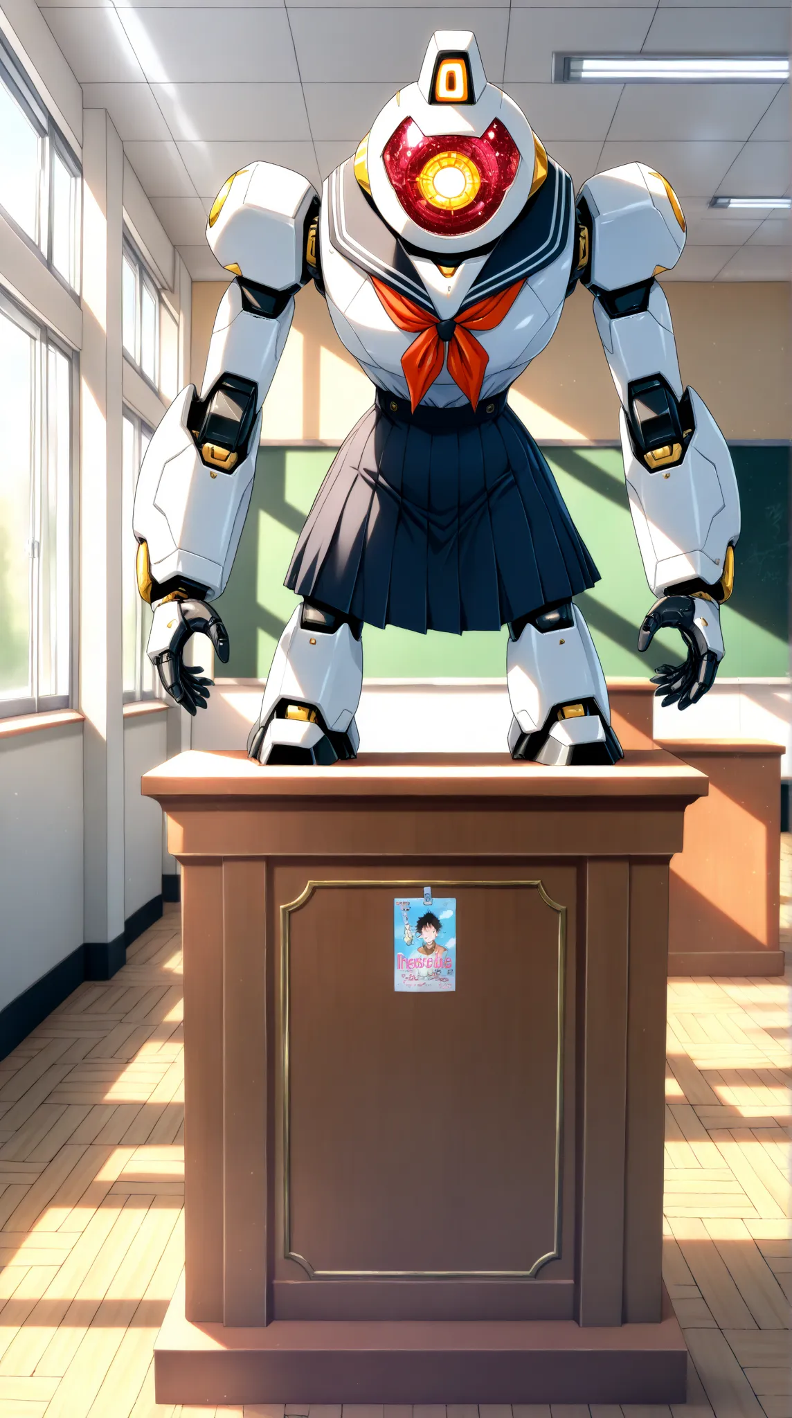 One robot like Mechazawa, solo, (school uniform, robot), (inside classroom, introducing new students, standing in front of the podium), full body image, (incredible high resolution, masterpiece, best quality, highly detailed, CG, high quality anime drawing...