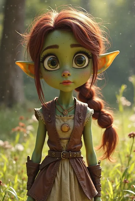 Cyclops girl , one eye,LONG EYELASHES,green and rough skin,Big head,Chestnut ponytail to one side,age 19 years, average height,that I wear a knee-length beige dress for clothes,Viking style brown boots,brown vest,Round lips,Dreamworks animation style