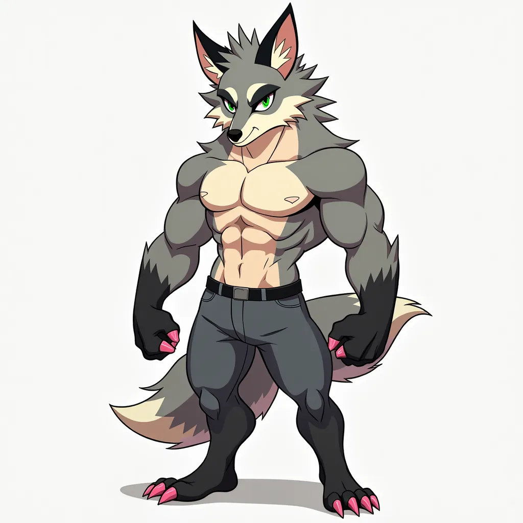 male, adult, handsome, body of a fox-human like with the head of a fox.
Natural color pallet of grey fox
Green eyes
Pink paw pads
Tufted hair with black dyed tips in digital art cartoon anime style, flat colors only.