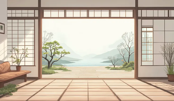 illustration in soft colors predominating , minimalism of a Japanese style living room with window to see the minimalist Japanese garden with bonsai trees, the stage evokes energy and elegance