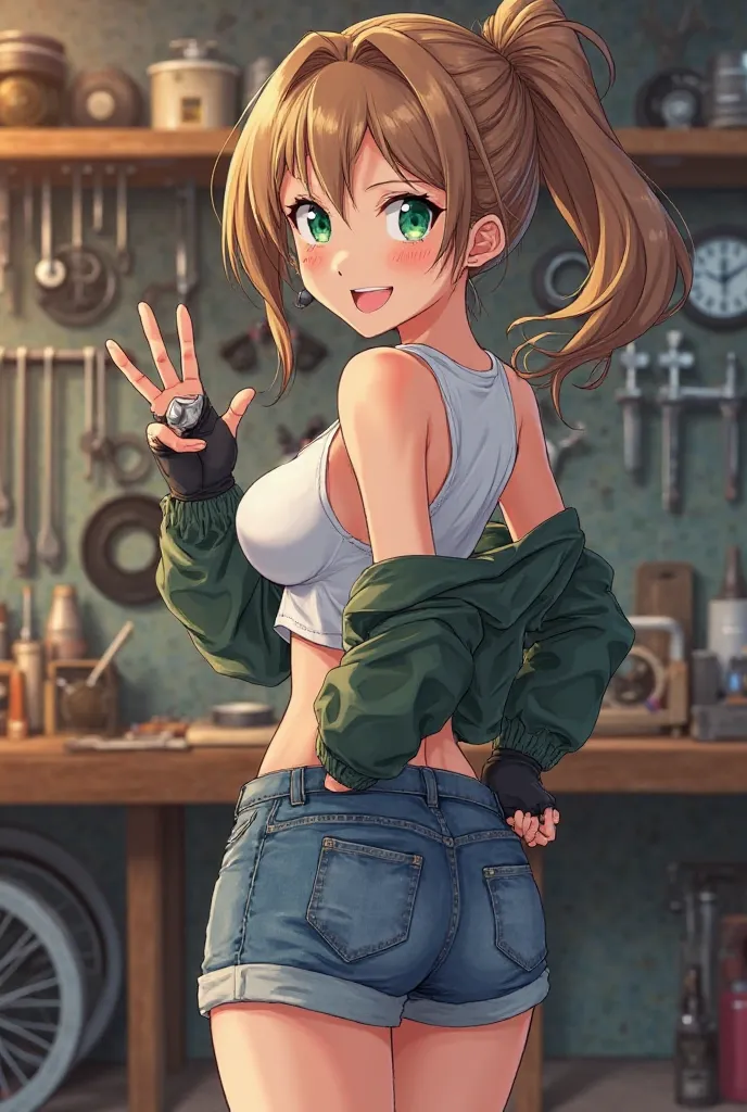 Create an anime girl with a waifu-like appearance, aged 17. She has light brown hair tied in a messy ponytail, with loose strands framing her face. Her eyes are bright emerald green, large, and expressive, with long lashes. She has a slender but athletic b...