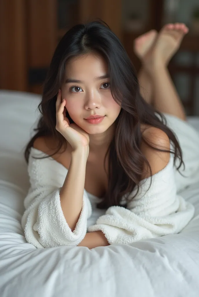 A 22 yeats old beautiful thai woman (brautiful thai face) long dark hair black eyes white skin small breaths removing her white bathrobe show her breaths in a white towel. She lying down on her stomach on a bed in a hotel.