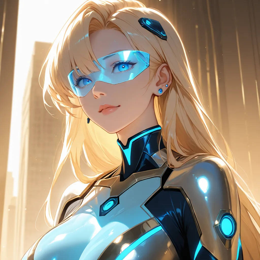 Semi-realistic cyber futuristic anime style girl, with long light blonde hair, blue eyes, wearing a blue futuristic one-piece cyber suit with blue LEDs. She is in the desert Quality, Breasts, 