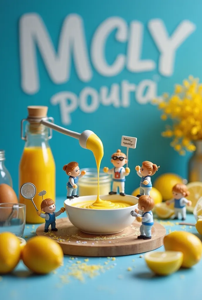 A scene in the style of Tiny Figures showing mayonnaise ingredients placed on a small Tiny Figures style, small figures standing around a large bowl, one of them holding a larger electric mixer, mixing oil, eggs and lemon. One of them climbs a spoon and ad...