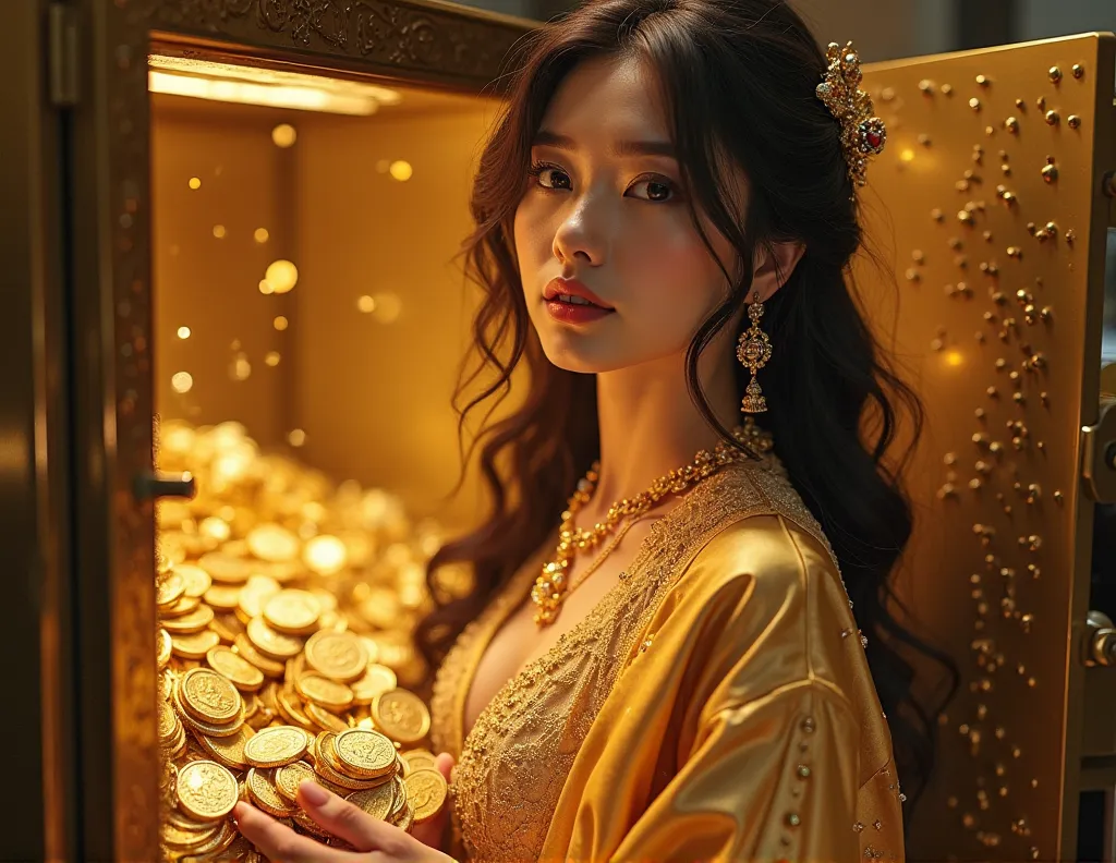 Japanese Pretty Girl,A powerful, graceful, and rich woman, and wears luxurious clothes with golden tones and sparkling details. She is surrounded by symbols of wealth such as gold jewels, Gold bars, and opens a safe full of gold coins. settings are sophist...