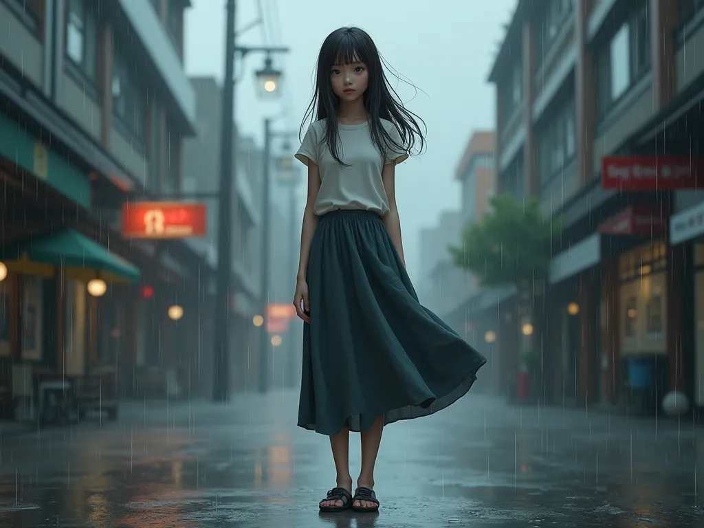 a 19-year-old girl with long hair wearing a t-shirt and a skirt on a raining street