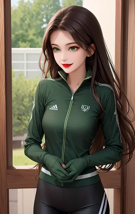 woman , long hair brown, normal, dark, she is solo, from alternative world ,best quality, realistic, cycling (full dark green color) suit and cycling sports black shorts, she is stand , smile, red lipstick , 