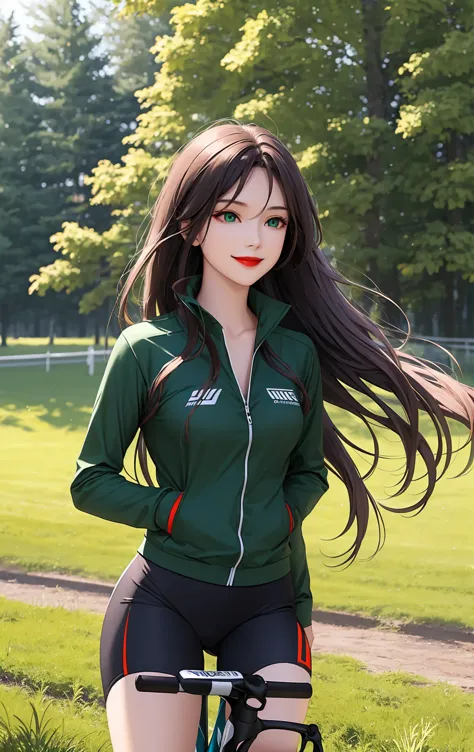 woman , long hair brown, normal, dark, she is solo, from alternative world ,best quality, realistic, cycling (full dark green color) suit and cycling sports black shorts, she is stand , smile, red lipstick , 