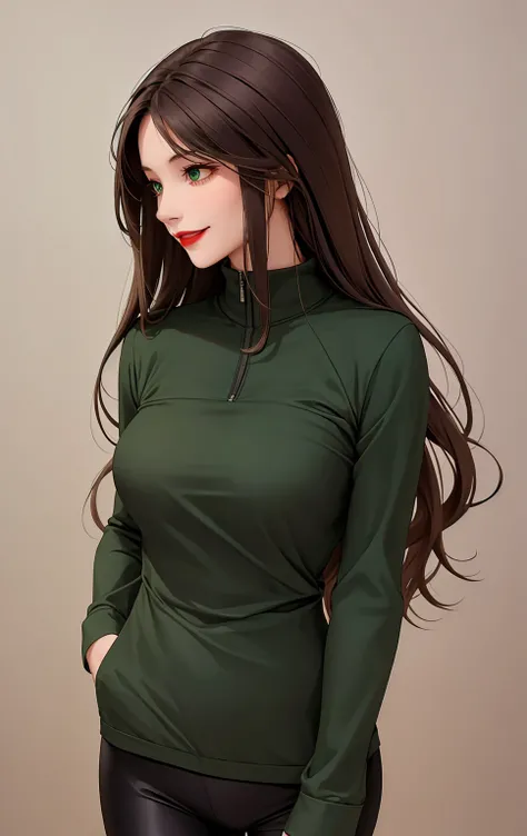 woman , long hair brown, normal, dark, she is solo, from alternative world ,best quality, realistic, cycling (full dark green color) suit and cycling sports black shorts, she is stand , smile, red lipstick , 