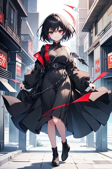 masterpiece, highest quality, highest quality, (no text), Beautiful and aesthetic:1.2),no text,anime、break,anime、break、one woman、black hair 　short hair　 trevally 　beautiful eyes　Red and Black　red eyes, cool smile　black clothes　Full Body Outdoors