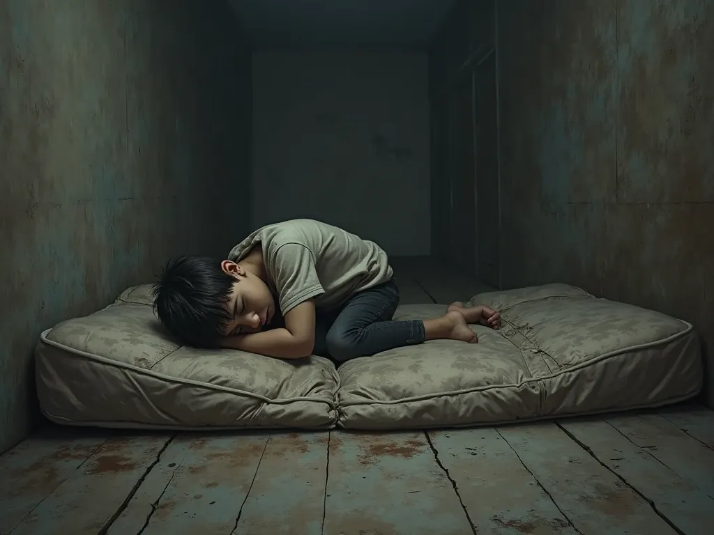 A young boy lying on a torn mattress in sad mood