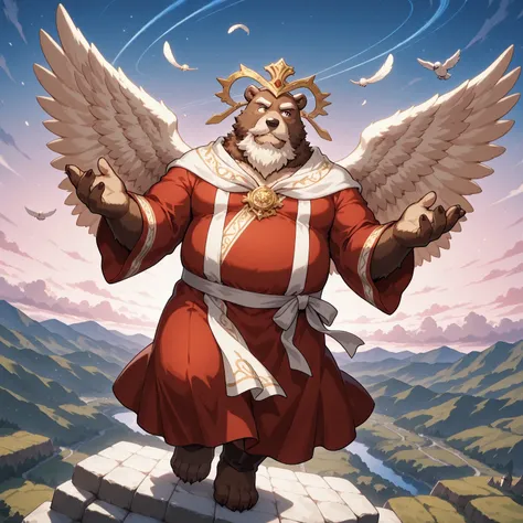 character focus, full body, looking away, dynamic angle, european fantasy, cupid, a musclegut old-aged uncle polar bear man, angel wings, holy costume clothes, red color robe, slacks, flying sky, happy pose, dynamic pose, BREAK full body in Michelangelo Bu...