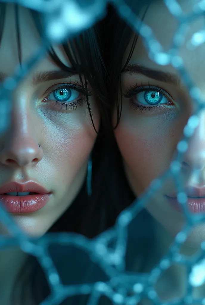 Beautiful russian girls, blue eyes,glow eyes, broken glass shard, detailed lighting, UHD, edge lighting, Masterpiece, detailed eyes, highest quality, realistic, 3d, anime