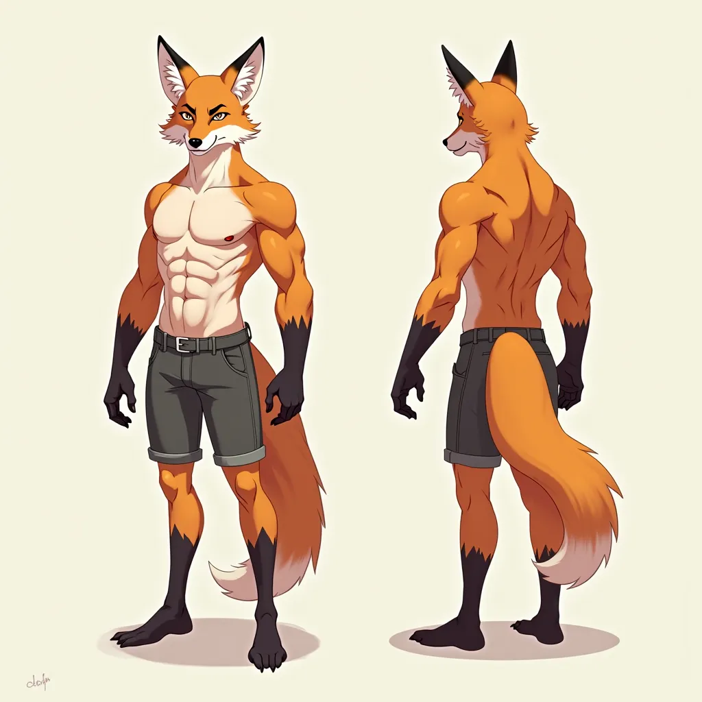 male, adult, handsome, body of a fox-human like with the head of a fox, refsheet front pose and back pose in digital art cartoon anime style, flat colors only.