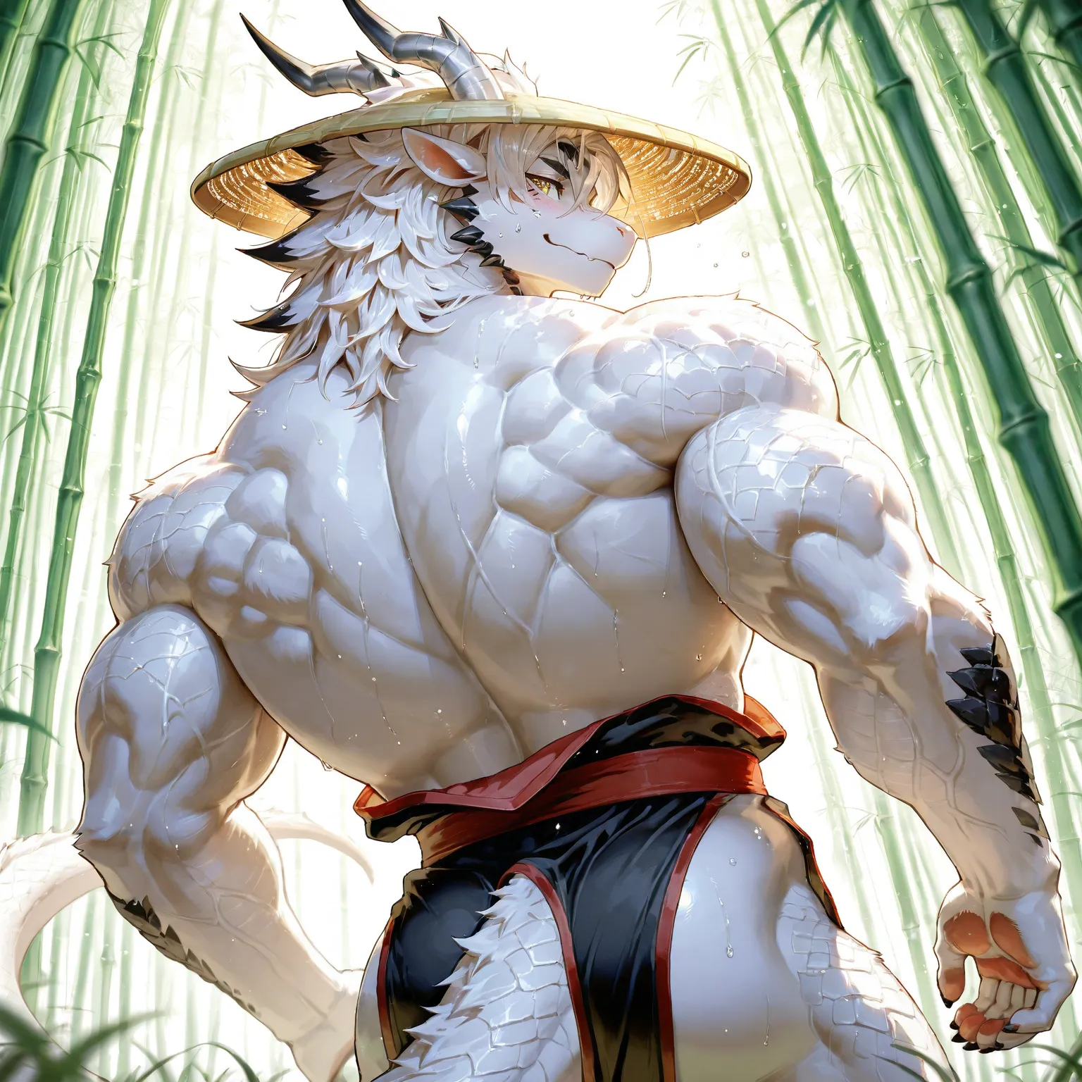 White Dragon Man ,furry(White Dragon Man  ：1.2),,Muscular,(  black eyebrows :0.7),( Exquisite eyes：1),white fur，paw，（ black beard:0.7），（ crotch bulging :0.8），（Knight：0.9），（ mature ：0.8），  muscles have a strong sense of strength，（ facial scars），（Uncle：0.9），...