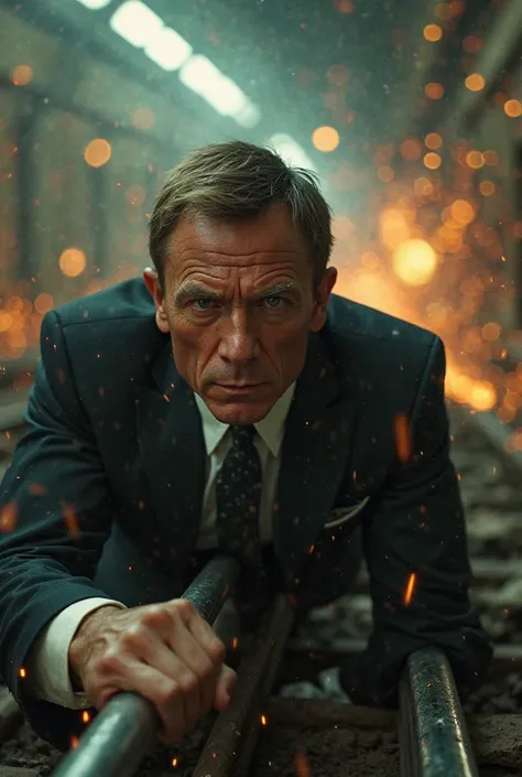 "Ultra-detailed 8K cinematic action scene, close-up shot of James Bond (resembling a younger Daniel Craig) lying prone atop a speeding, out-of-control subway train. His face glistens with sweat, muscles tense, eyes sharp and focused, gripping a metal handl...