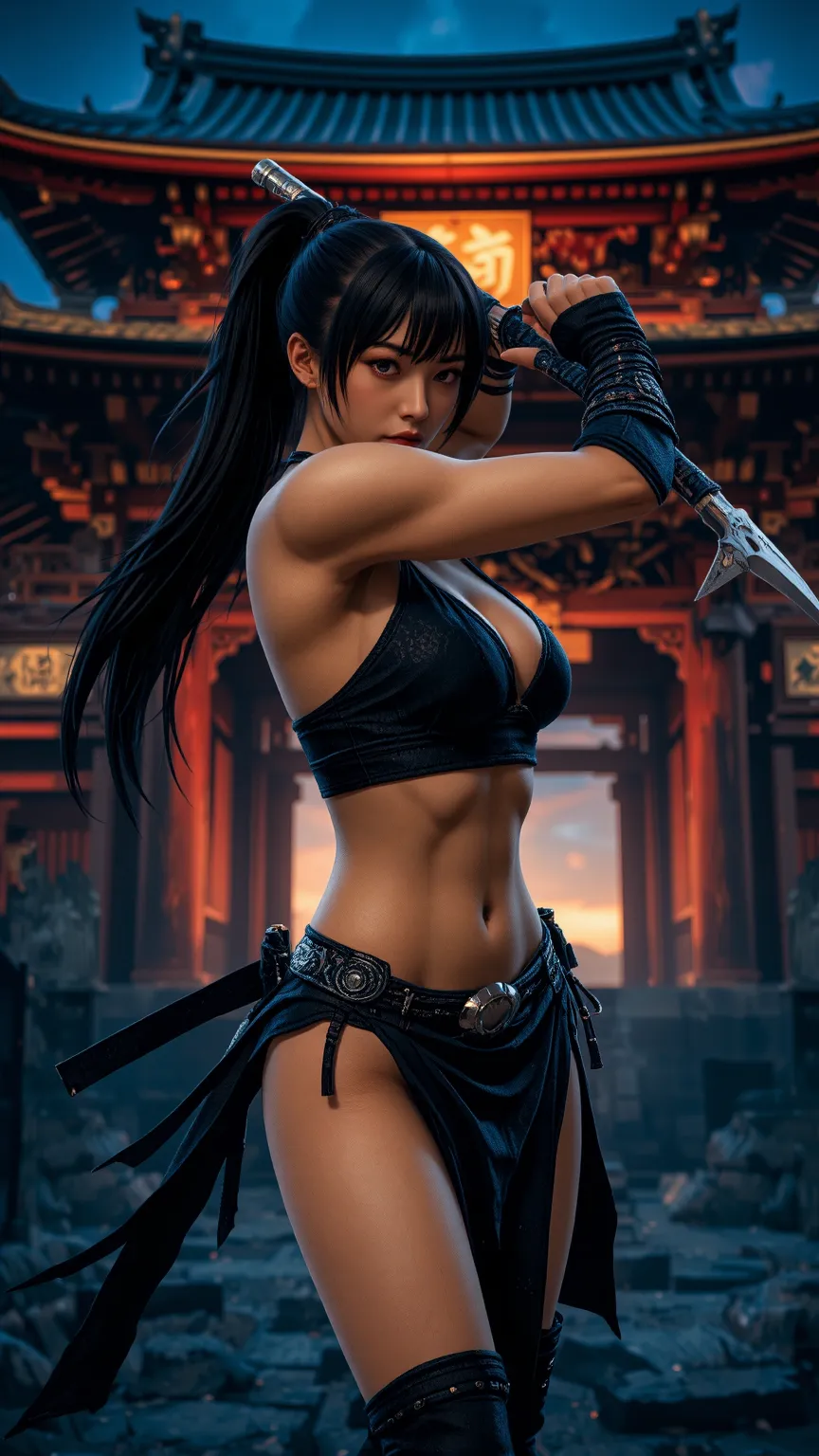 Female Ninja in Bikini,During combat, exposes abdomen,belly button piercing, black hair,ponytail,No trouble with right hand ,Shuriken on left hand,huge Japanese temple, at dusk ,Temple with Red and Gold Accents,dark shadows and shadowy atmosphere,dramatic ...