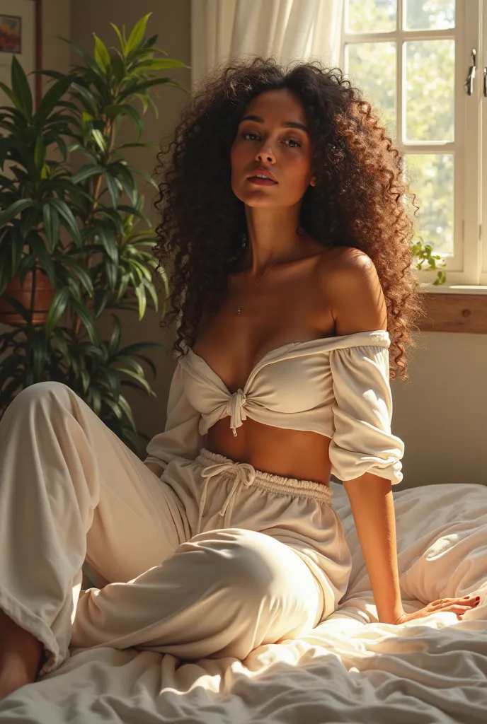 (photorealism:1.2), beautiful woman, sitting on bed, wearing loose off-shoulder top, pajama pants, long curly hair, indoors, soft lighting, plants in background, window with sunlight, cozy room, relaxed pose, realistic, intricate details, warm colors, by G...