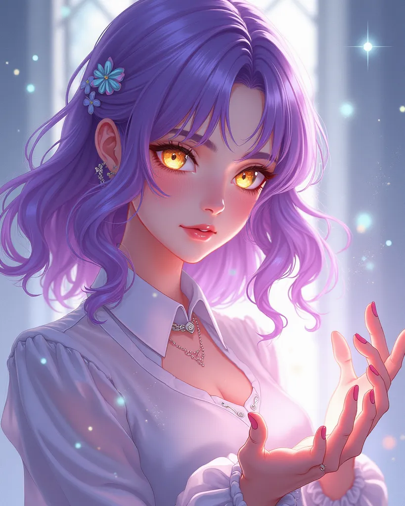 Young woman with purple hair, pastel yellow eyes, she uses magic manga style 