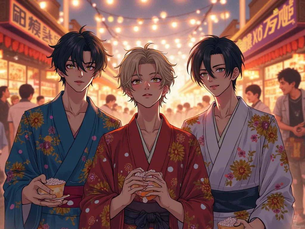 3 boy  handsome japanese stylish hair 
Are in Yukata with scarlet red eyes with chicken balls and rice 
In front of the Japanese New Year's stands with a concert filled with people smiling ominously 