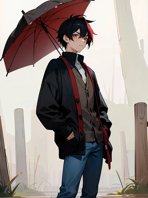 1male , calm expression , Multicolored hair , red and black hair , Standing in a detailed foggy park background wearing a cardigan in jeans during the late fall , Masterpiece Quality 