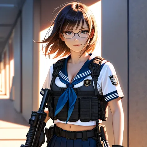 Category: Realistic Schoolgirl with Firearms + Tactical + Glasses Must
Summary: High school girl, glasses, ((sailor uniform)), tactical vest, armed
1girl, glasses, ((sailor uniform)), tactical vest, navel, cleavage, assault rifle, confident, photorealistic...