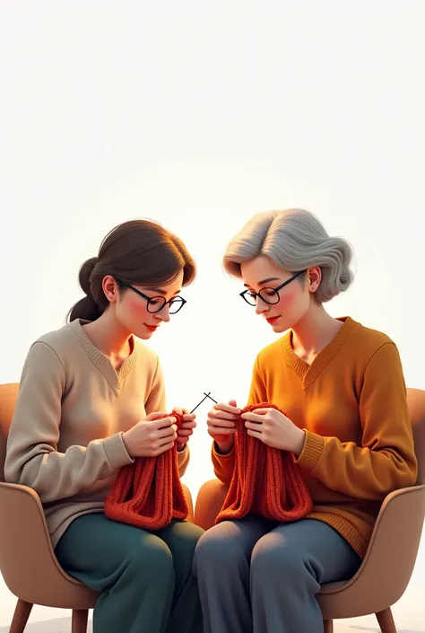 Late 40 years old Mother with glasses and agedaughter knitting together mother is on the chair wiht white background