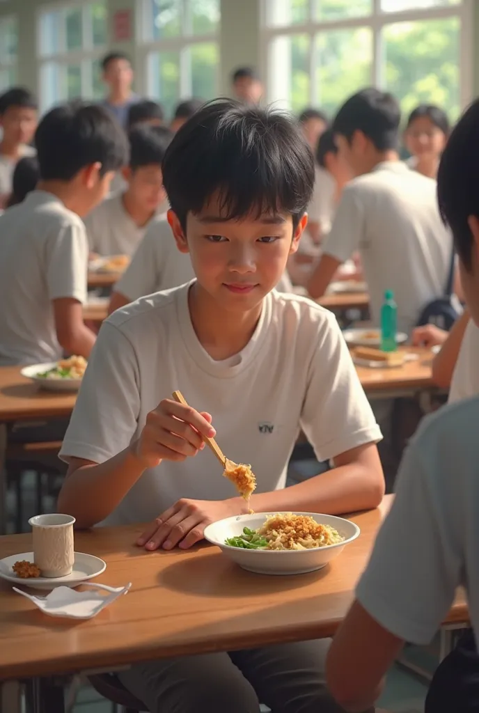 at break, Raka junior high school boy wearing a white top, ash panties(the rich guy in indonesia) brought his food and sat at a crowded table.