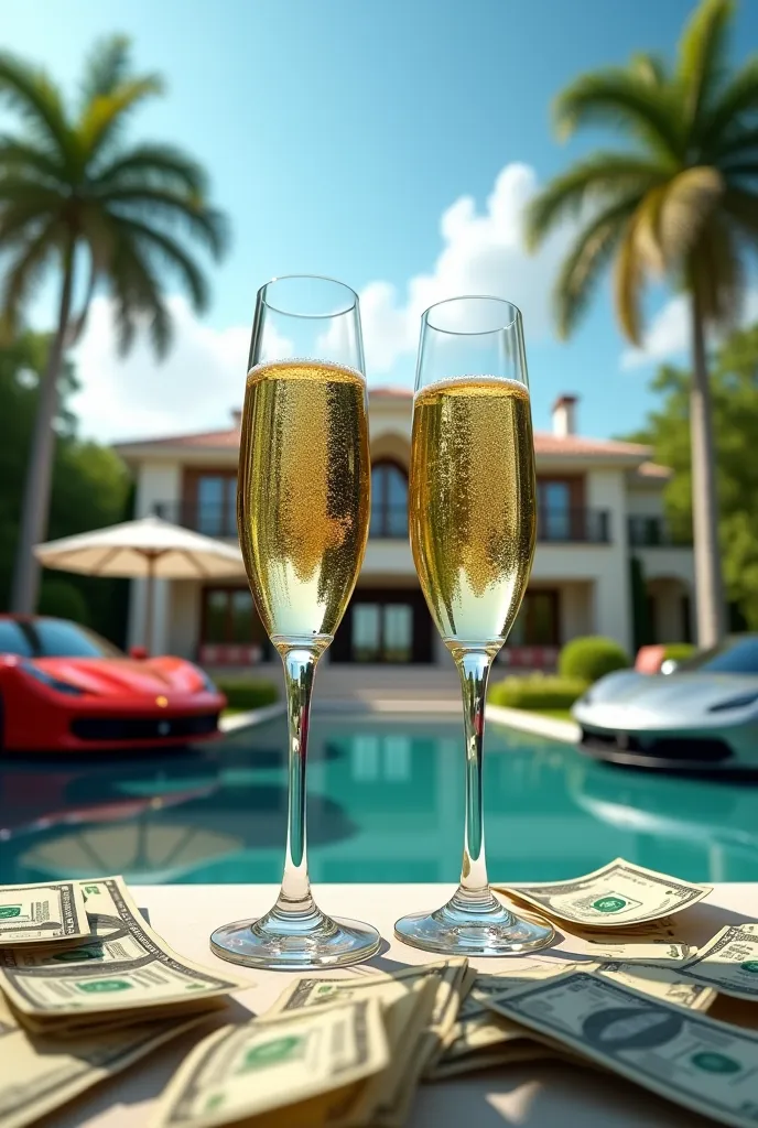 Create an image of several dollar bills with two glasses of champagne toasting together with a beautiful house with an infinity pool in a paradisiacal place with a Ferrari and a BMW ss 