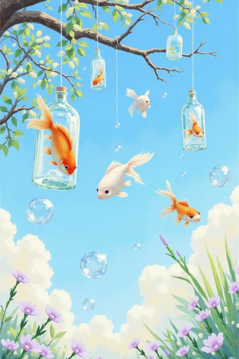 glass bottle wind chimes hanging from a branch，Goldfish in the air and goldfish in a bottle，dreamy soap bubbles，blue sky and white clouds